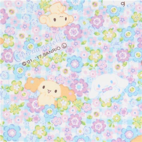 Tela laminada cuadros azul blanco con Cinnamoroll flores de Sanrio Japón Tela