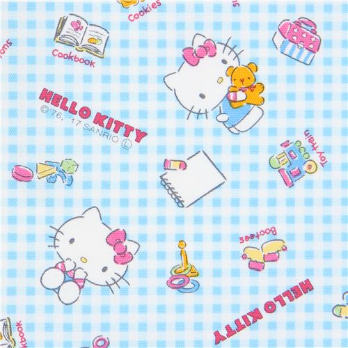 Tela oxford a cuadros azul blanco de Hello Kitty con juguetes de colores Tela