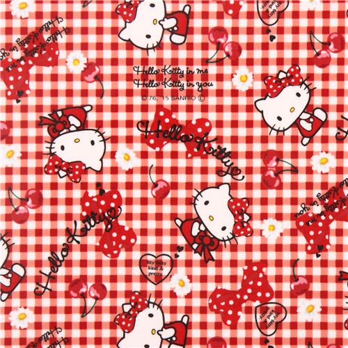 checkered coral pink red white Hello Kitty cherry flower bow oxford fabric Fabric