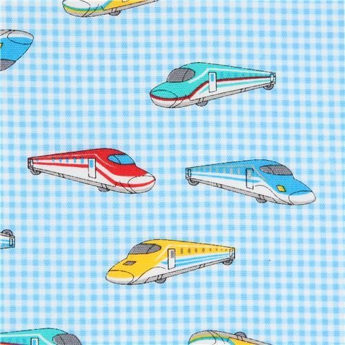 checkered poplin fabric with colorful trains Fabric
