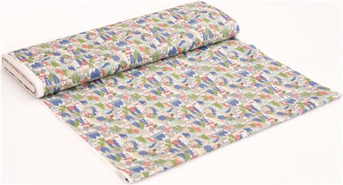 city red houses green blue trees Japanese cotton lawn fabric - modeS4u