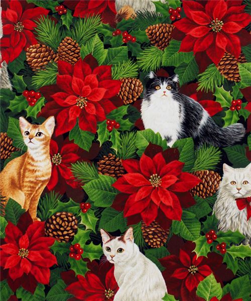 colorful Alexander Henry fabric cat animal poinsettia flower Christmas