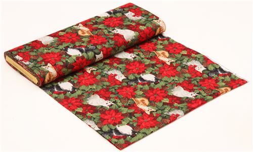 colorful Alexander Henry fabric cat animal poinsettia flower Christmas Time 3