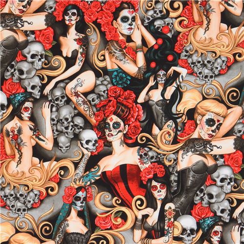 Remnant (28 x 112 cm) - colorful Alexander Henry fabric woman skull flower Halloween Las Elegantes