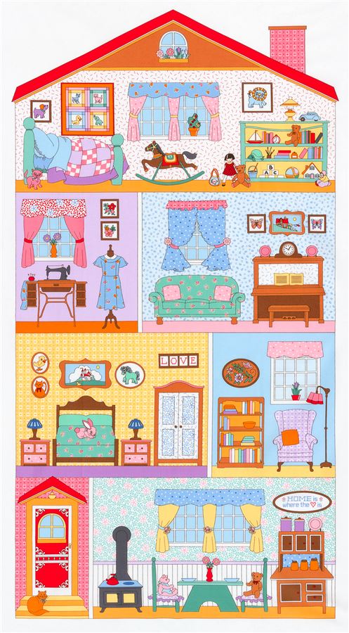 colorful Robert Kaufman doll house panel fabric Fabric by Robert ...