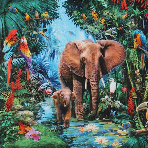 colorful Robert Kaufman elephant parrot wild animal print fabric