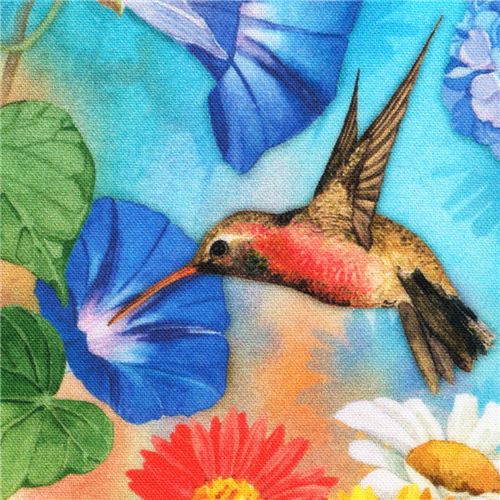 Remnant 40 cm - colorful Robert Kaufman hummingbird and flower fabric 2