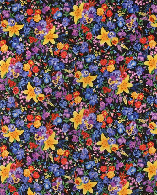 colorful assorted flower fabric by Timeless Treasures in black - modeS4u