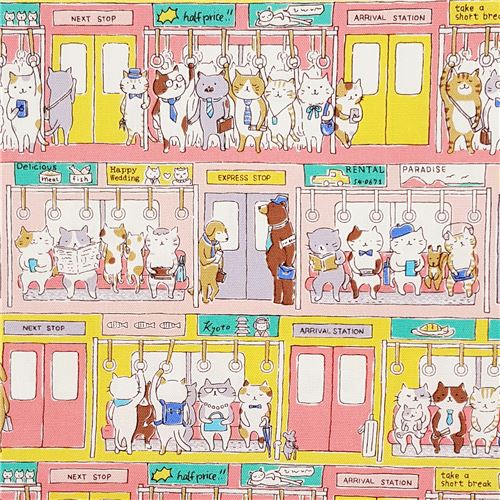 Chutes de tissu de (45 x 110 cm) - Tissu Oxford Kokka multicolore avec des chats de BD dans un train