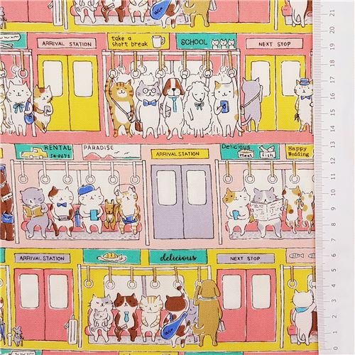 Chutes de tissu de (45 x 110 cm) - Tissu Oxford Kokka multicolore avec des chats de BD dans un train 2