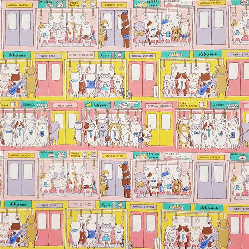 Chutes de tissu de (45 x 110 cm) - Tissu Oxford Kokka multicolore avec des chats de BD dans un train 3