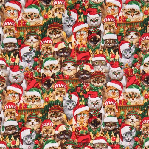 colorful fabric with cat winter Christmas hat by Timeless Treasures 3