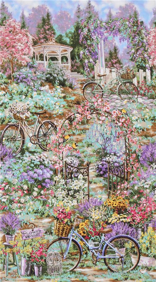 colorful fabric with flower big bicycle by Timeless Treasures Fabric