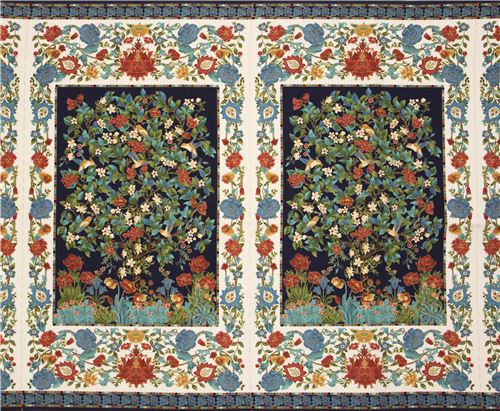 colorful flower tree border panel gold metallic fabric Timeless Treasures  3