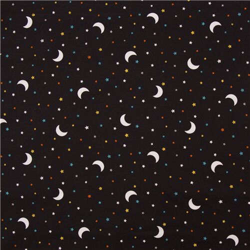 colorful night sky lunar moon and stars Michael Miller black cotton ...