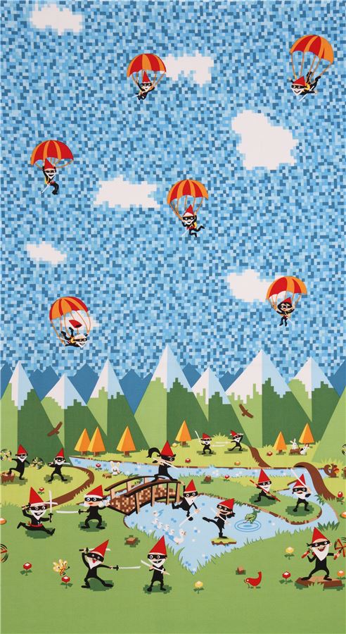 Bunter Ninja Gnom Berg Himmel Fallschirm Stoff von Michael Miller