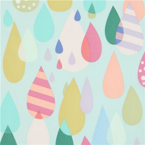 Chutes de tissu de (41 x 112 cm) - Tissu Alexander Henry vert menthe avec des gouttes de pluie multi