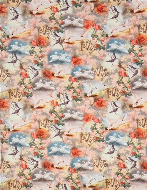 Fat Quarter 50 X 75 Cm Colorful Vintage Animal Canvas Fabric With Swans And Doves Modes4u