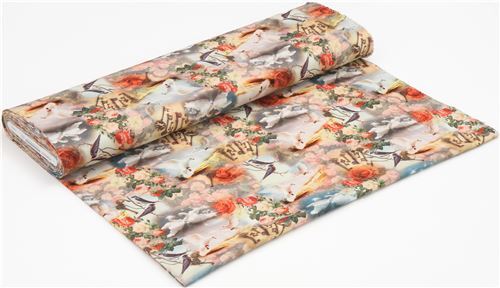 colorful vintage animal canvas fabric with swans and doves - modeS4u