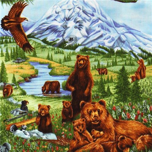 colourful bear family fabric mountains Robert Kaufman 1