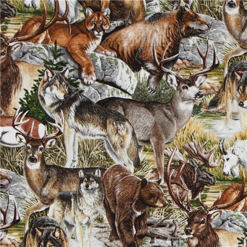 bunter Berg Tiere Stoff mit Wolf Hirsch Robert Kaufman 1