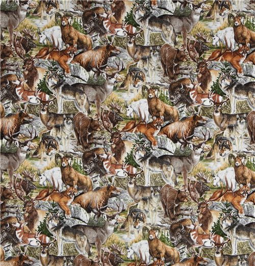 bunter Berg Tiere Stoff mit Wolf Hirsch Robert Kaufman 2