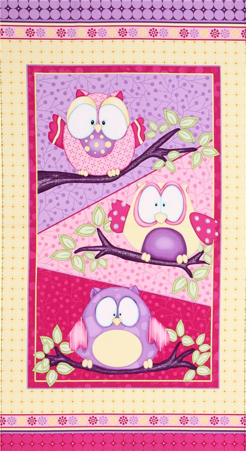 colourful owl forest panel fabric by Henry Glass 2