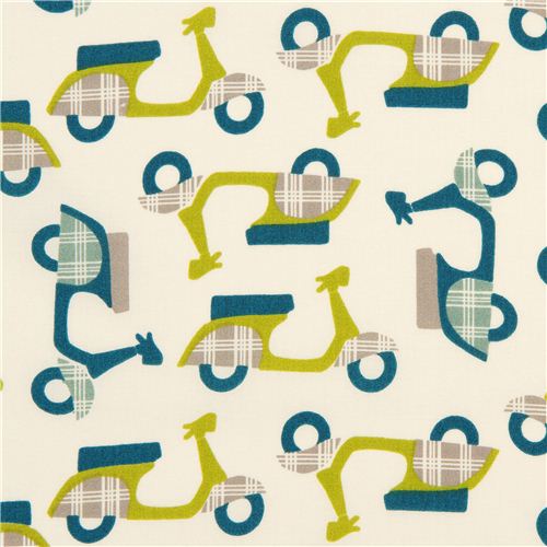 cream birch organic fabric with green mopeds 1