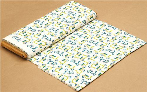 cream birch organic fabric with green mopeds 3