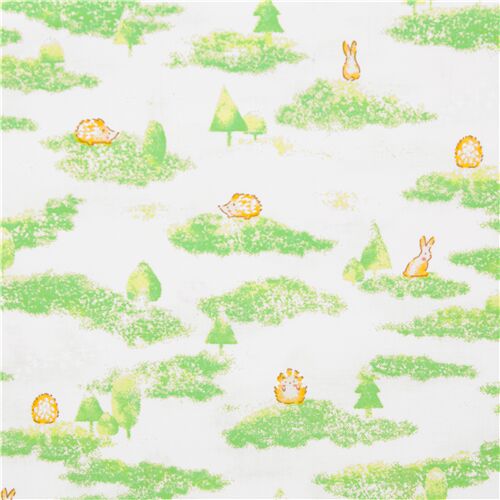 Tissu japonais en coton sur la nature, avec des animaux, prairies, hrissons Tissu