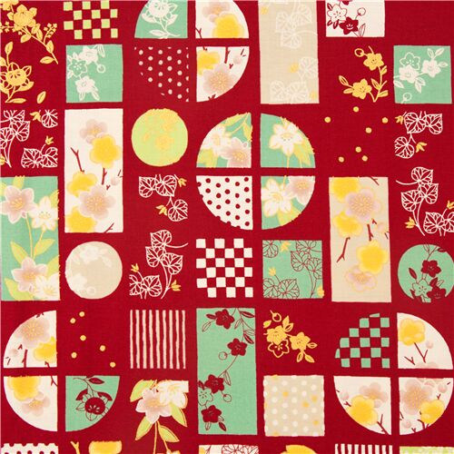 Japanischer roter Baumwollstoff mit floralen Mustern im Fensterscheibenstil in Metallic-Gold Stoff