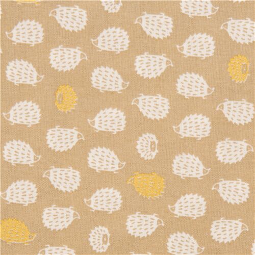 Tissu japonais en coton beige hrissons blancs et dtails or mtallique Tissu