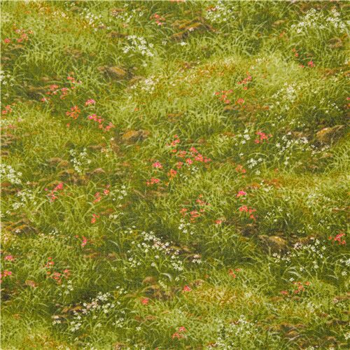 cotton fabric green meadow grassy dense with delicate flowers Fabric