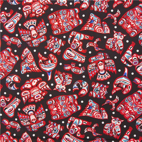 cotton fabric with black background and bright native American animal  symbols - modeS4u