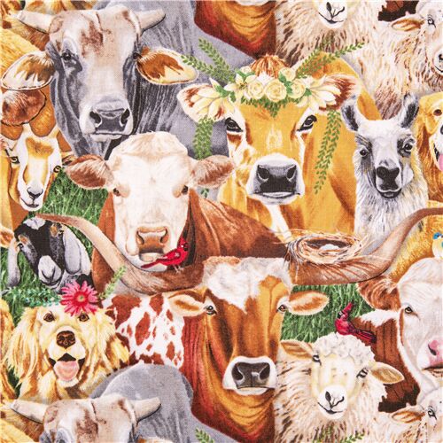 Tissu en coton amricain avec des vaches, des lamas, des chvres, des oiseaux Tissu