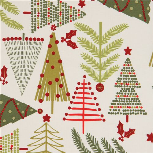 cream Alexander Henry Christmas fabric with red and green trees Fabric