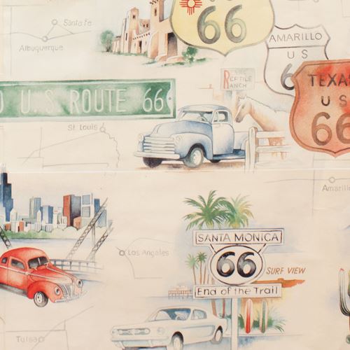 Cremefarbener Alexander Henry Stoff Auto Schild Route 66 Stoff