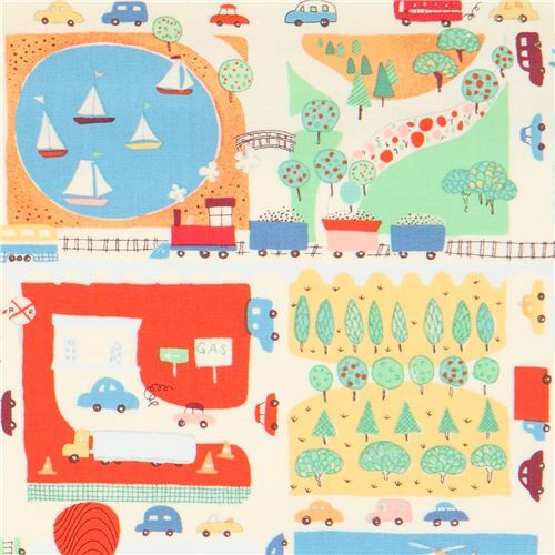 cream Alexander Henry fabric colorful building ballpark vehicle In Town Fabric