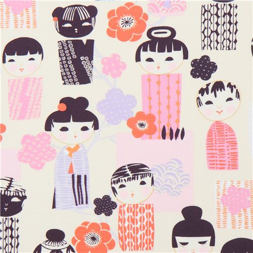 Tissu Alexander Henry crme avec des poupes kokeshi violet clair, Kiki Kokeshi Tissu