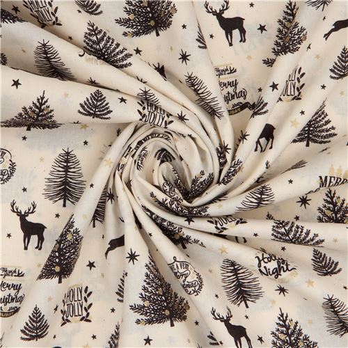 cream Cosmo metallic gold fabric with Christmas trees and reindeer ...