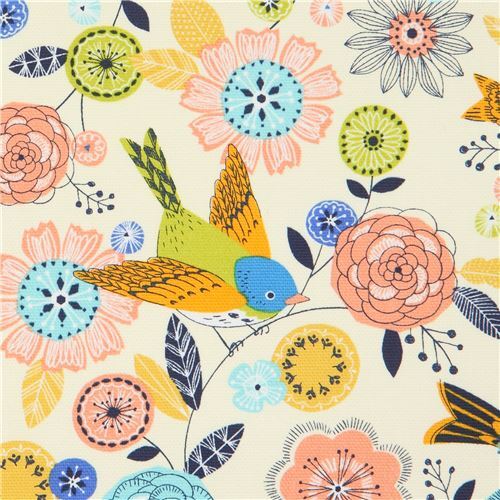 Tela oxford de Cosmo en color crema con pájaros y flores de colores Tela