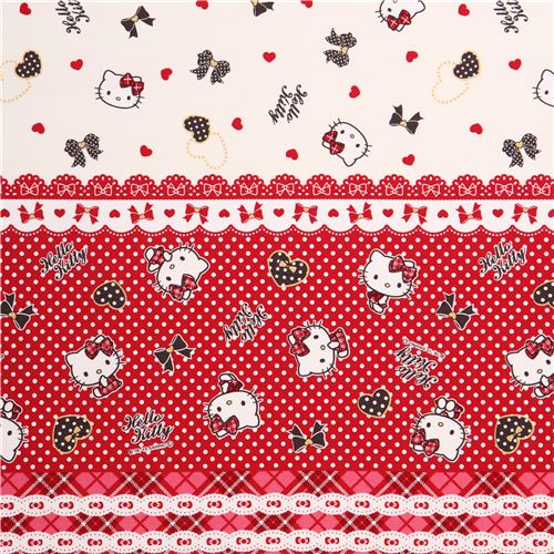 Hello Kitty fabric -- Hello Kitty, bows, and pink polka dots on red -- 100%  cotton quilting fabric