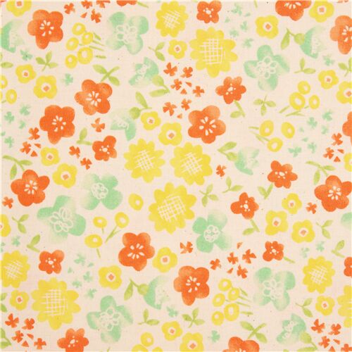 Cremefarbener Japan-Stoff mit einfachen aquarellfarbenen roten gelben grnen Blumen und Blttern Stoff