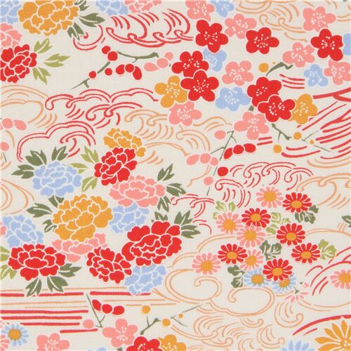 cream Japanese sakura and peony flower amunzen fabric - modeS4u