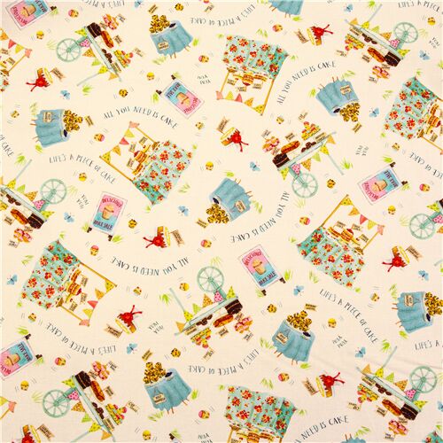 cream Michael Miller cotton fabric USA with tumbling bake sale stands ...