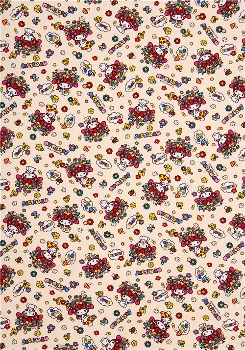 cream My Melody bunny flowers mushrooms Sanrio oxford fabric from Japan 2
