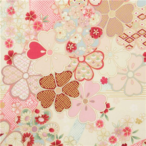 cream Quilt Gate fabric with Asian flowers and metallic embellishment ...