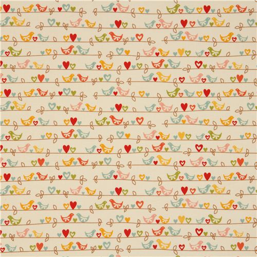 cream Riley Blake animal fabric bird and hearts USA 2