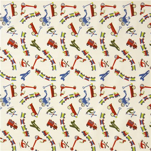 cream Riley Blake laminate fabric train airplane scooter 2