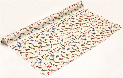 cream Riley Blake laminate fabric train airplane scooter 3